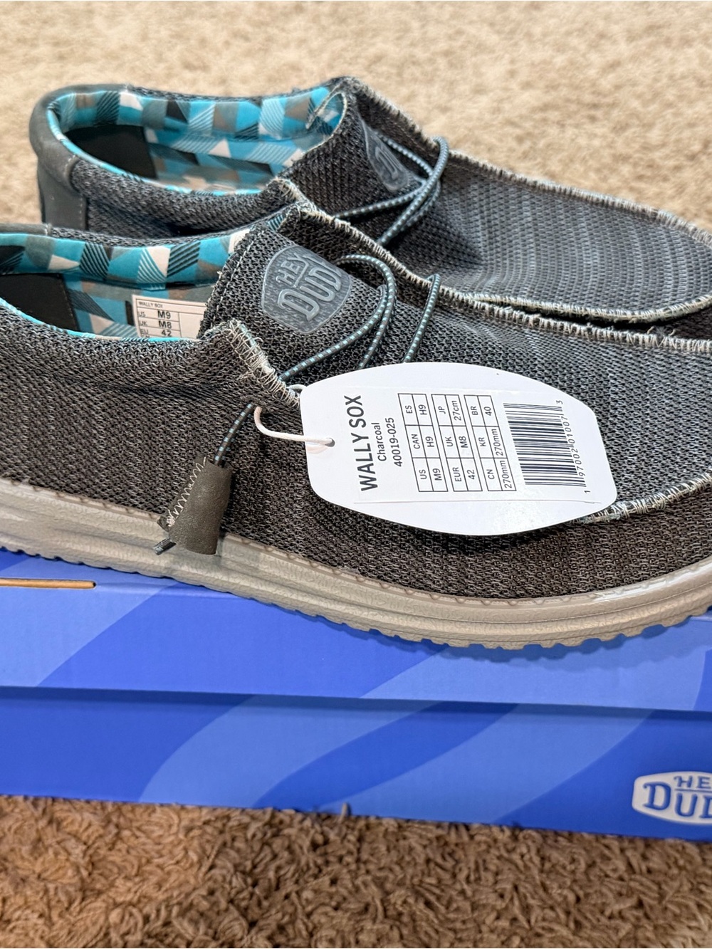 Hey Dude Wally Sox Charcoal Men's Slip On Loafer Shoes Size 9 New